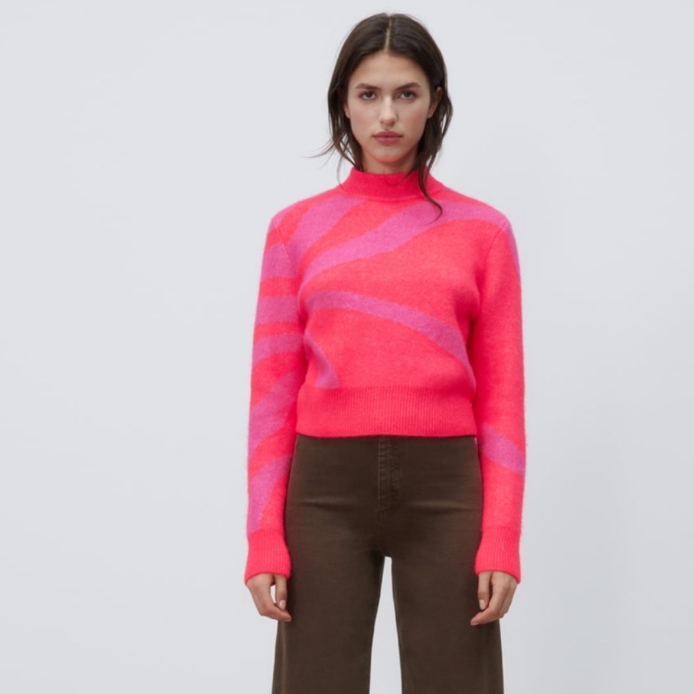 Zara Jaquard Bright Pink Sweater
